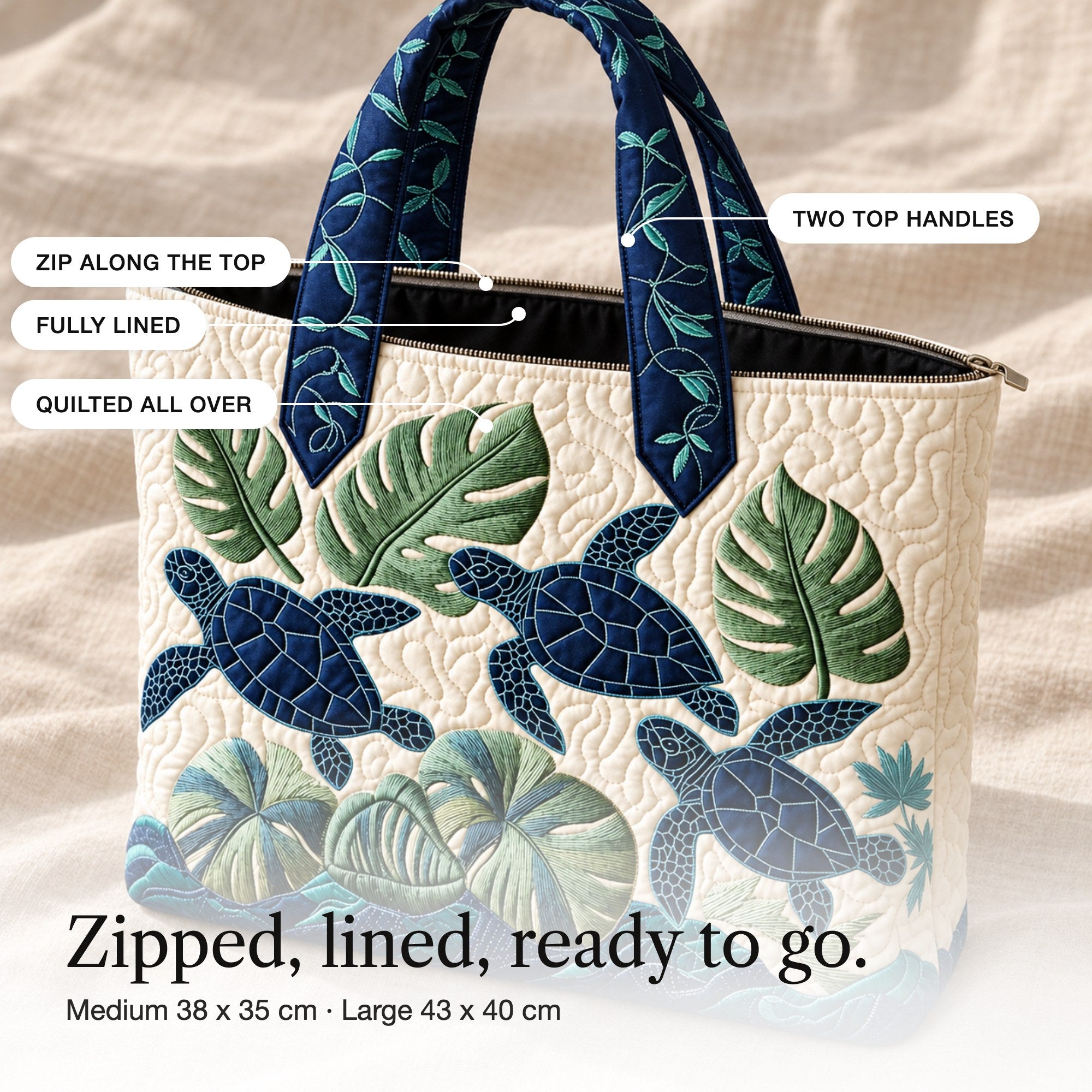 Lois | Quilted Tote Bag with Sea Turtles and Tropical Leaves, detail