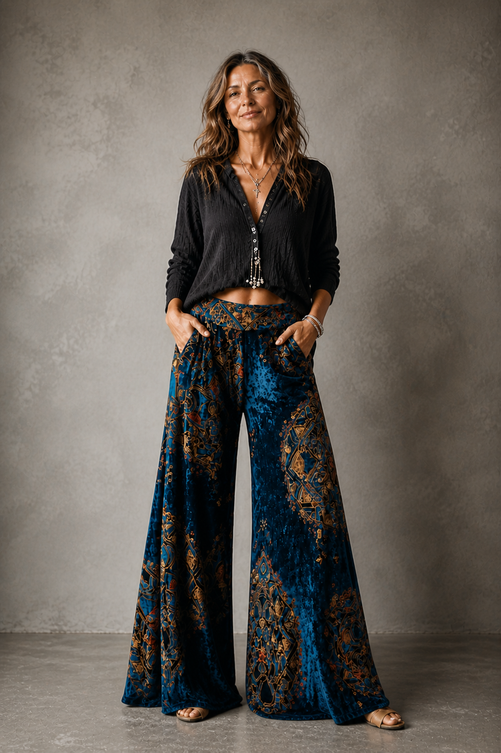 Lucy Boho Wide-Leg Pants Gold, photo studio