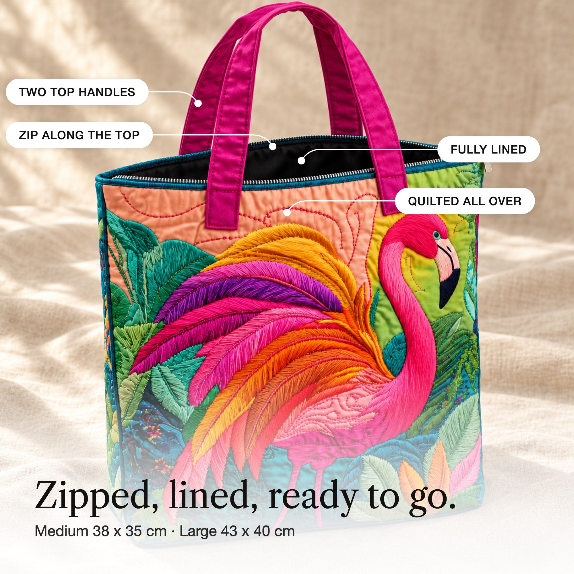 Lynette | Quilted Tote Bag with a Tropical Flamingo, detail