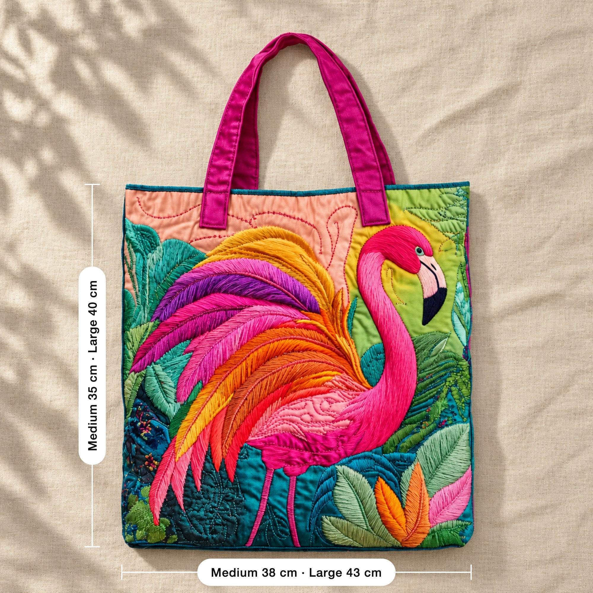 Lynette | Quilted Tote Bag with a Tropical Flamingo, flat lay with sizes