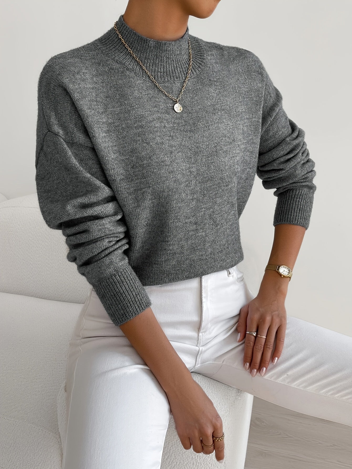 White High-Neck Jumper Grey, photo studio