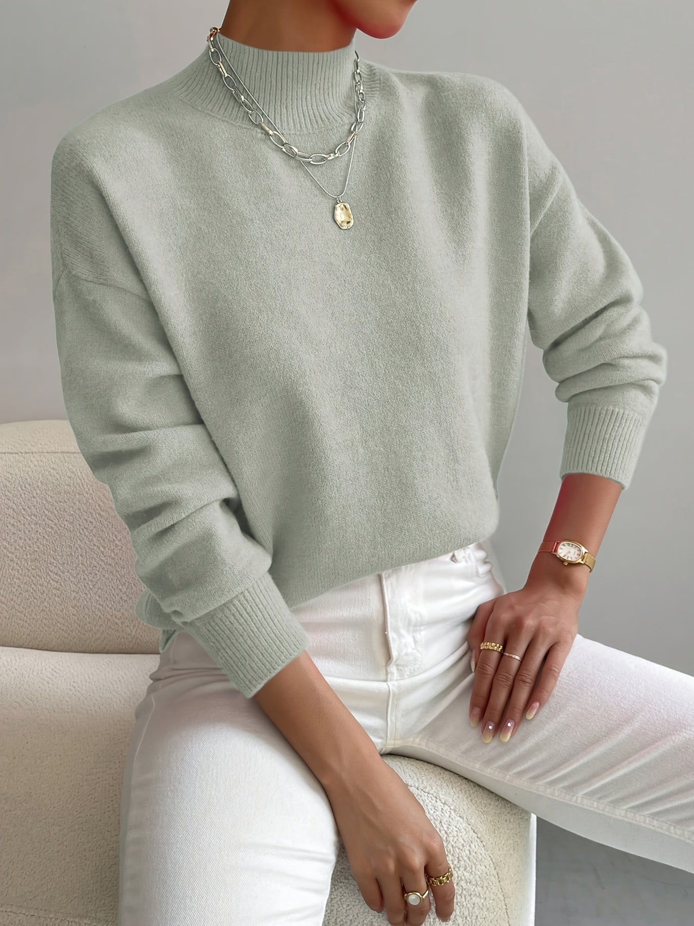 White High-Neck Jumper Light Green, photo studio