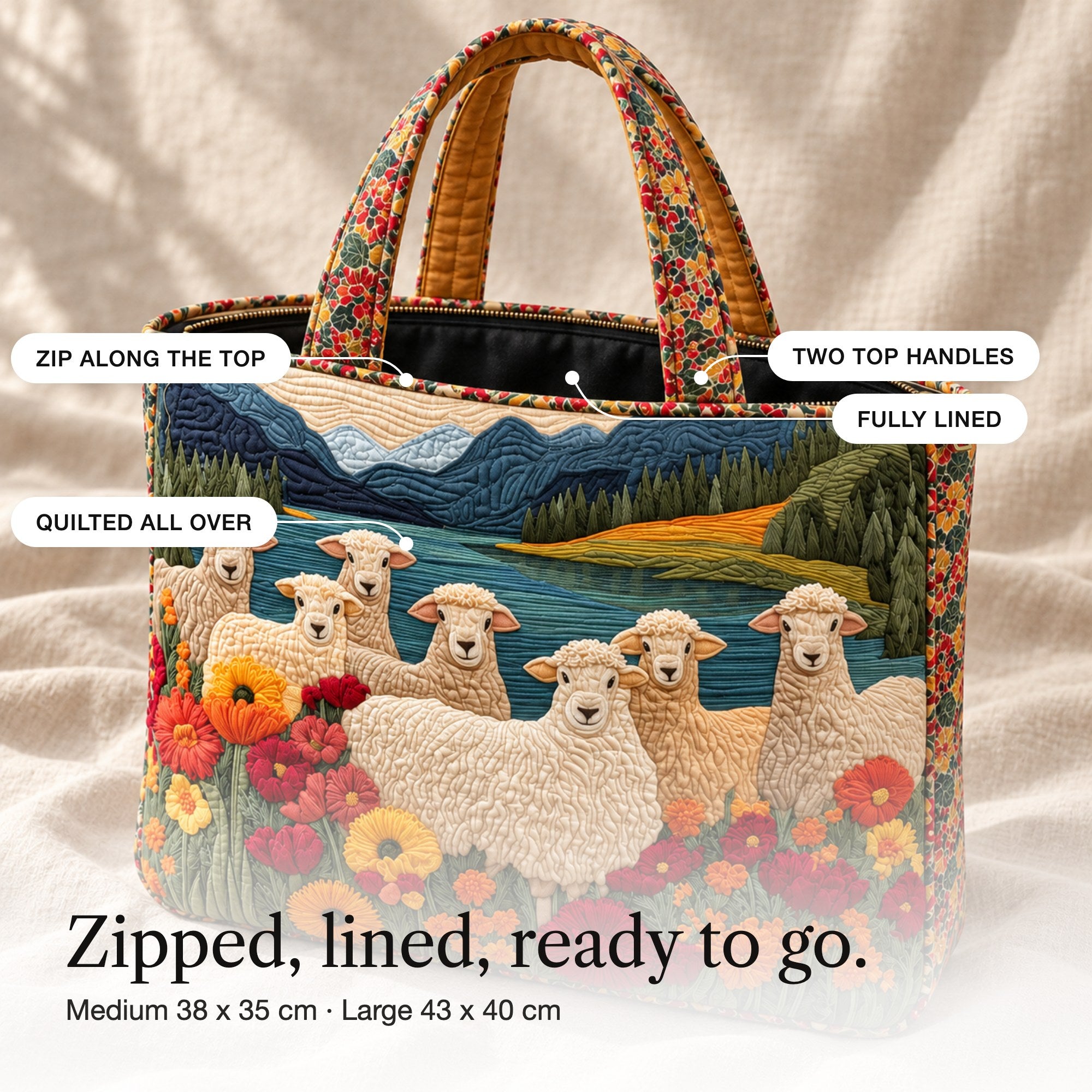 Marisa | Quilted Tote Bag with Sheep by a Mountain Lake, detail