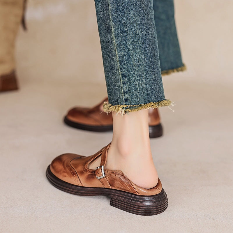 Perforated Wingtip Leather Mary Janes