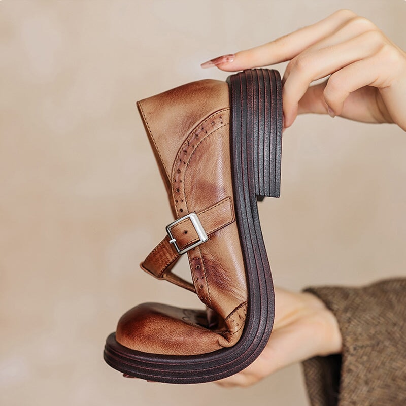 Perforated Wingtip Leather Mary Janes