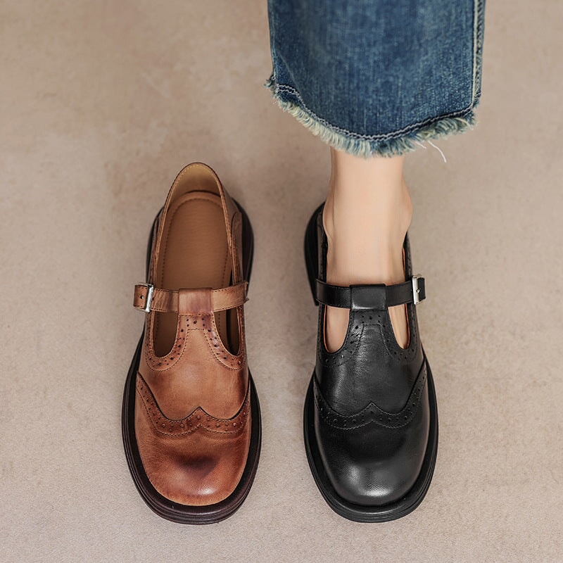 Perforated Wingtip Leather Mary Janes