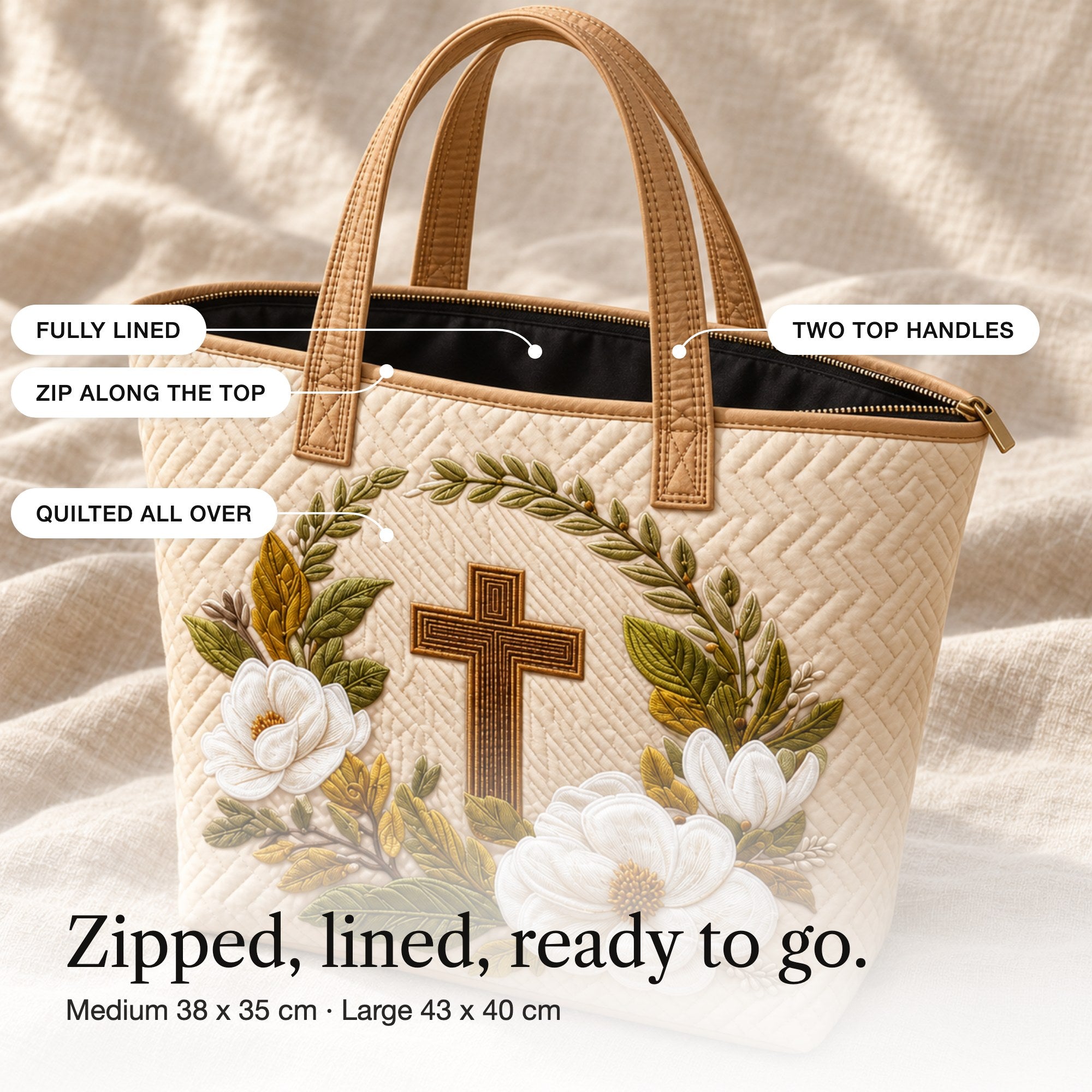 Maudie | Quilted Tote Bag with a Cross and Magnolias, detail