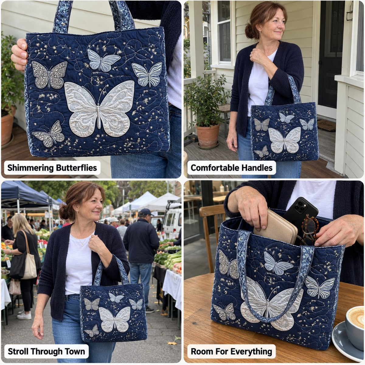 Monique | Quilted Tote Bag with Shimmering Butterflies