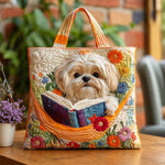 Morwenna | Quilted Tote Bag with a Shih Tzu and an Open Book