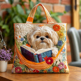 Morwenna | Quilted Tote Bag with a Shih Tzu and an Open Book