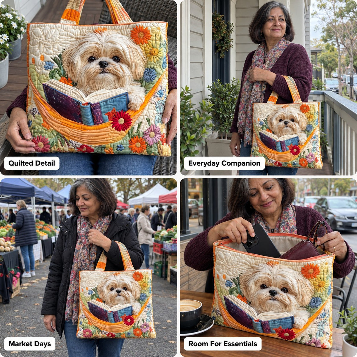 Morwenna | Quilted Tote Bag with a Shih Tzu and an Open Book