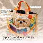 Morwenna | Quilted Tote Bag with a Shih Tzu and an Open Book