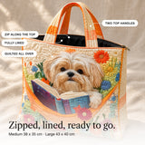 Morwenna | Quilted Tote Bag with a Shih Tzu and an Open Book