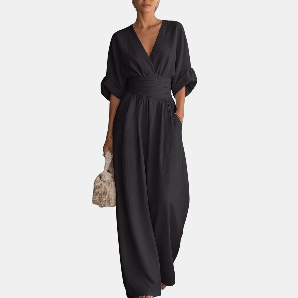 Nancy | Flowy Belted-Waist Maxi Dress Black, studio photo