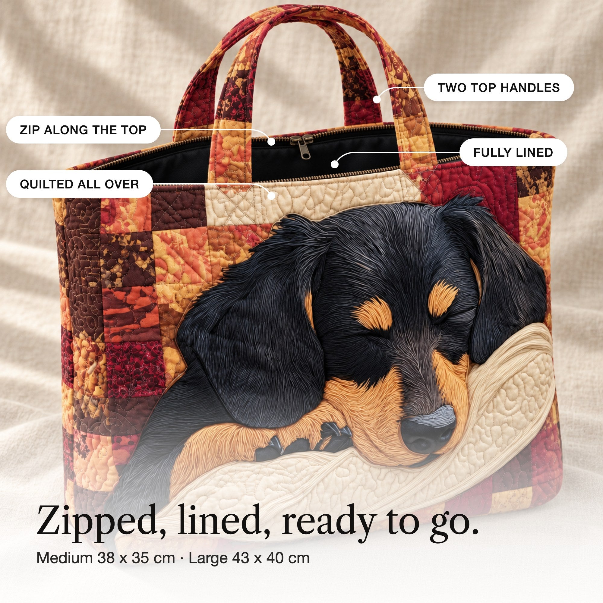 Niamh | Quilted Tote Bag with a Sleeping Dachshund, detail