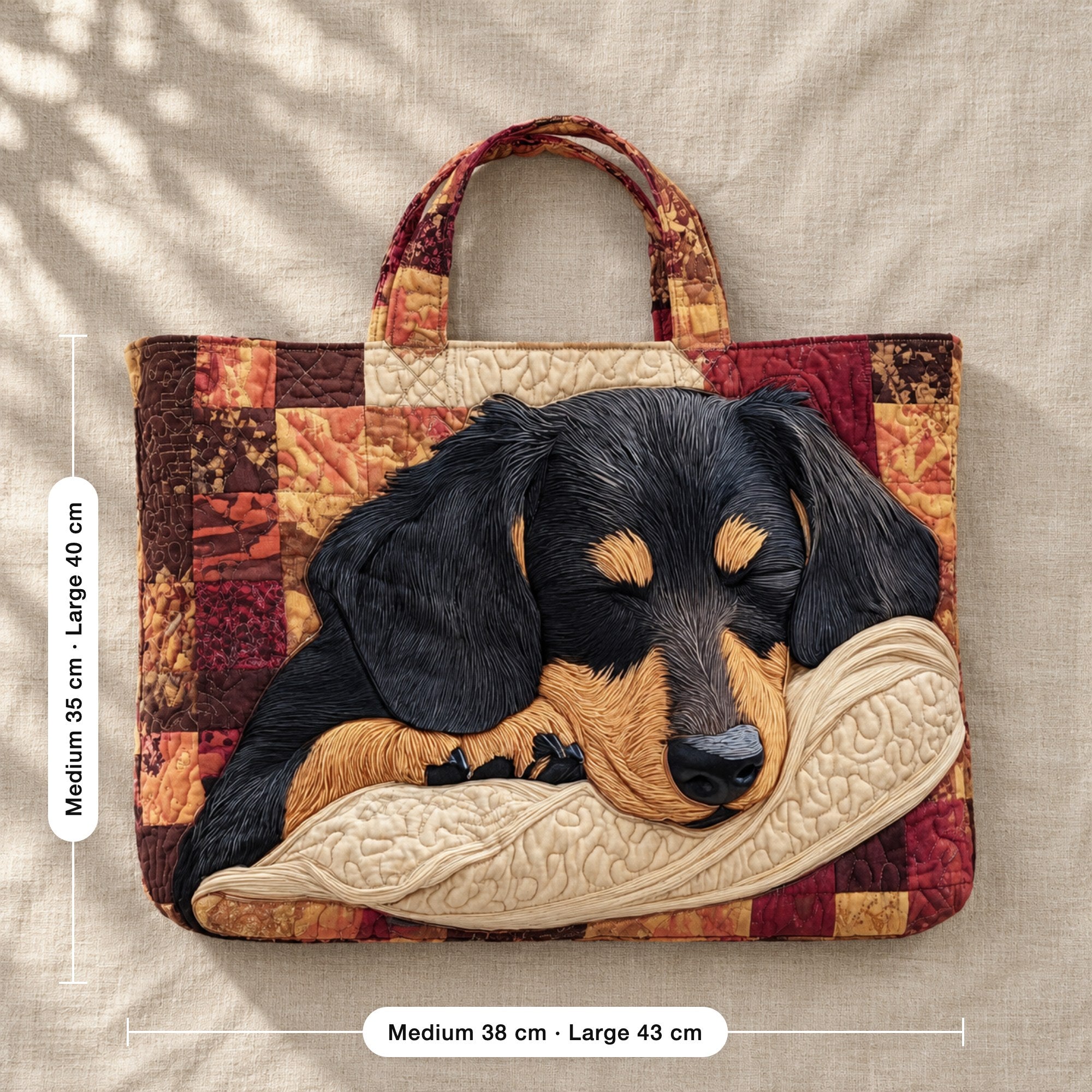 Niamh | Quilted Tote Bag with a Sleeping Dachshund, flat lay with sizes