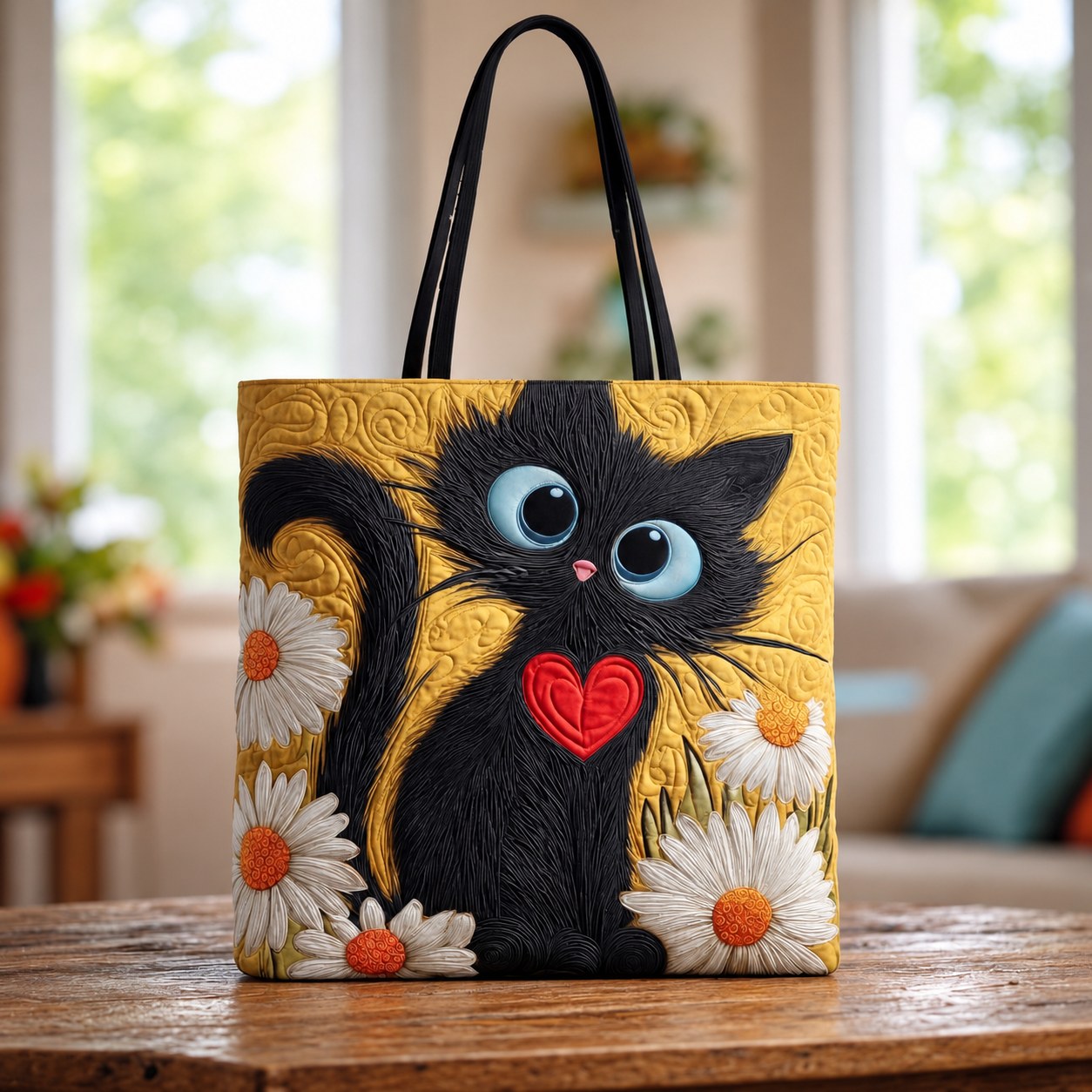 Handcrafted Bag - Black Cat with Heart and Daisies