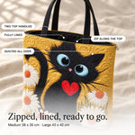 Nicola | Quilted Tote Bag with a Cat, Heart and Daisies