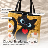 Nicola | Quilted Tote Bag with a Cat, Heart and Daisies