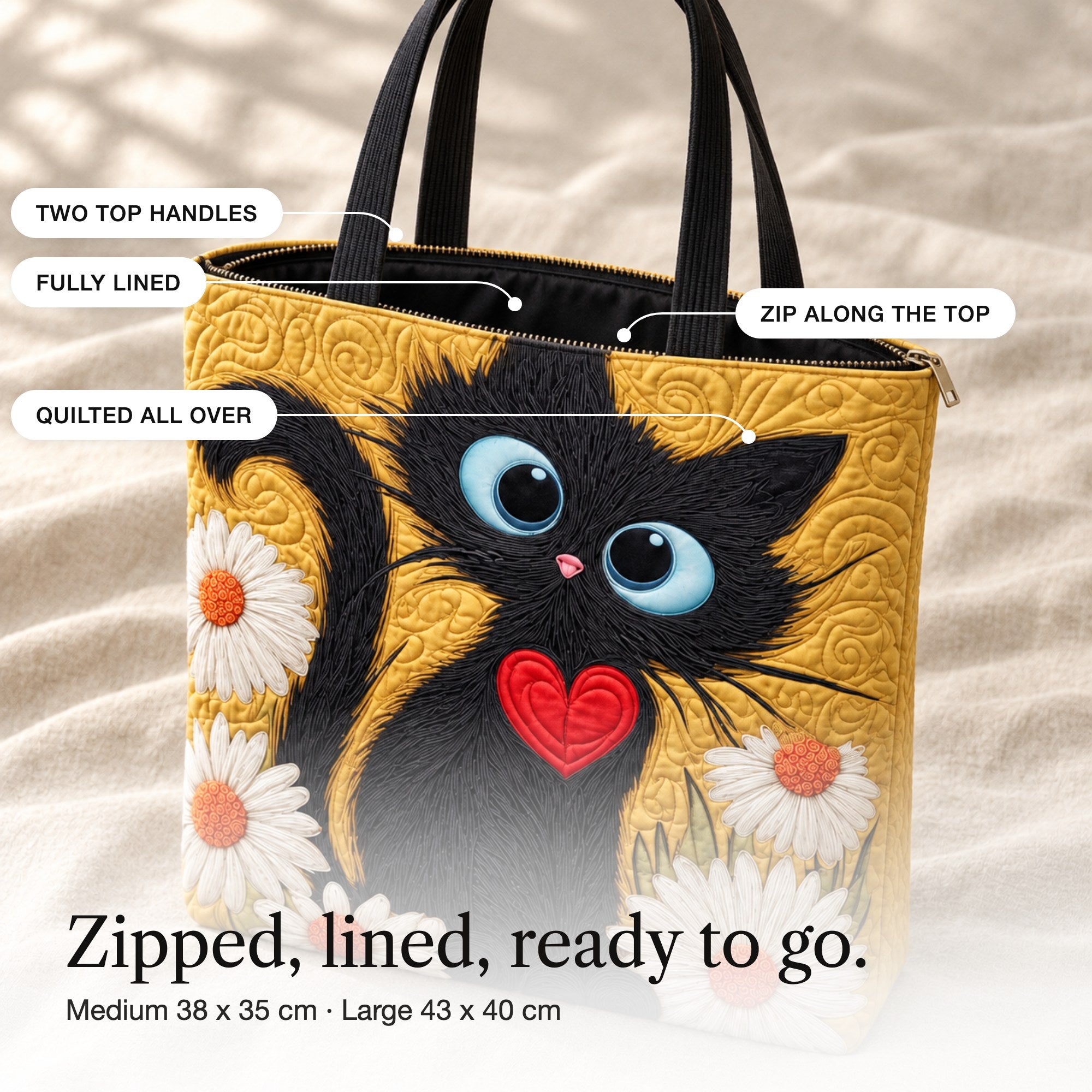 Nicola | Quilted Tote Bag with a Cat, Heart and Daisies, detail