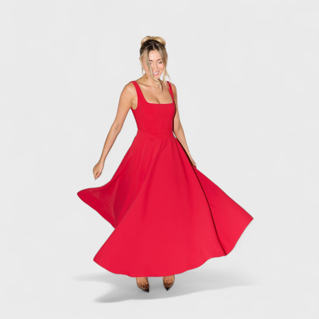 Adeline | Timeless Square-Neck Midi Dress Red, studio photo