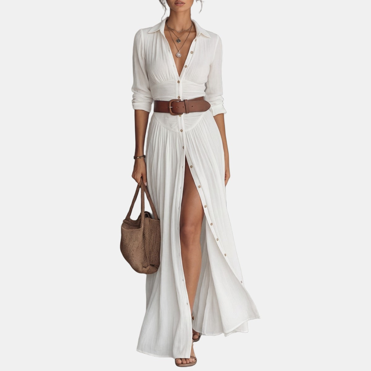 Olivia | Buttoned Maxi Dress with Split White, studio photo