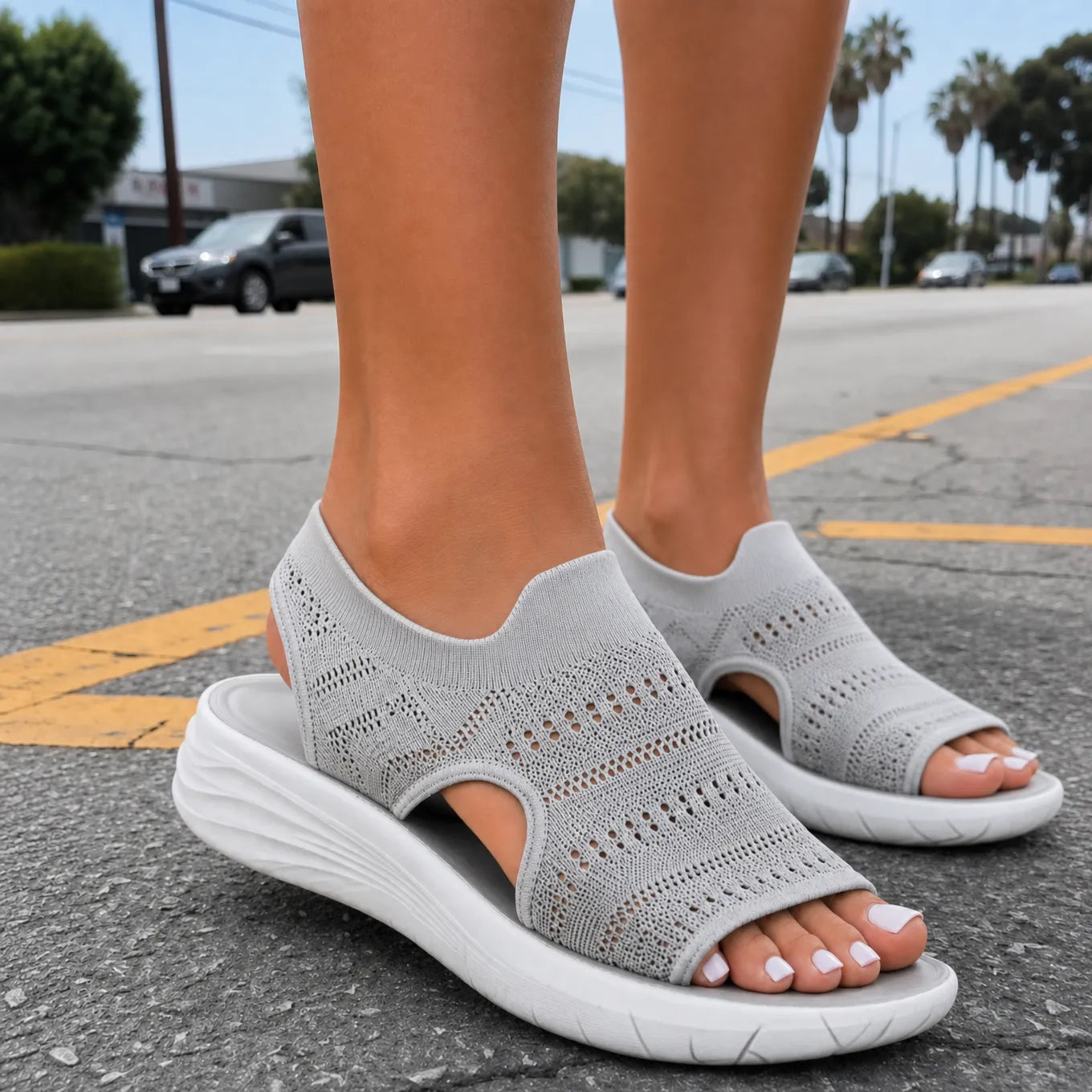 Soleva | Knit Platform Comfort Sandals Soft Grey, photo studio