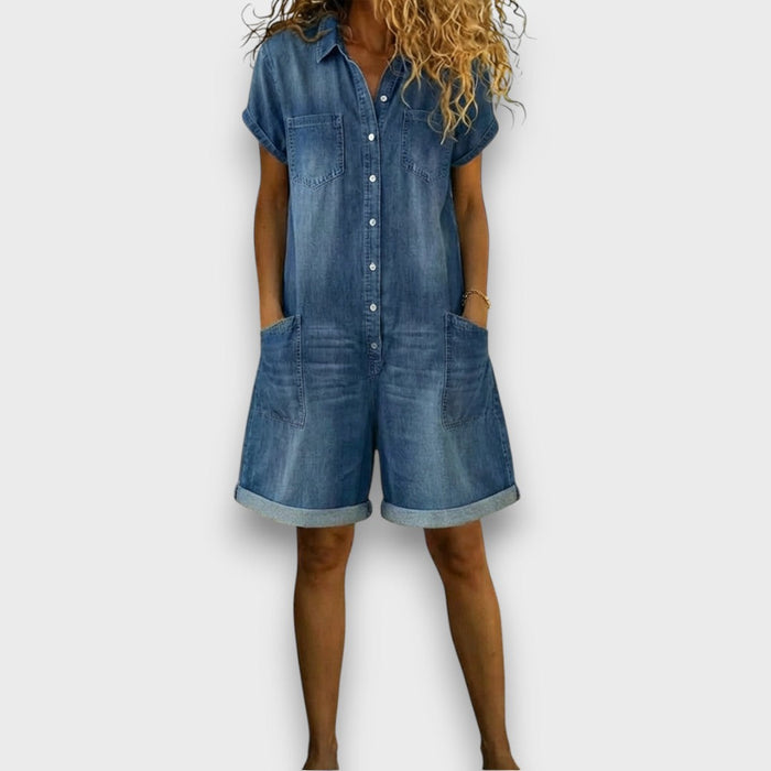 Buttoned Short-Sleeve Denim Playsuit