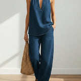 Denim Top and Wide-Leg Trousers Set