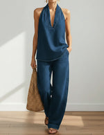 Denim Top and Wide-Leg Trousers Set