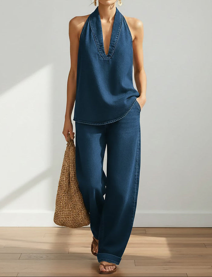 Denim Top and Wide-Leg Trousers Set