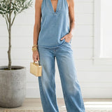 Denim Top and Wide-Leg Trousers Set