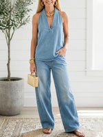 Denim Top and Wide-Leg Trousers Set
