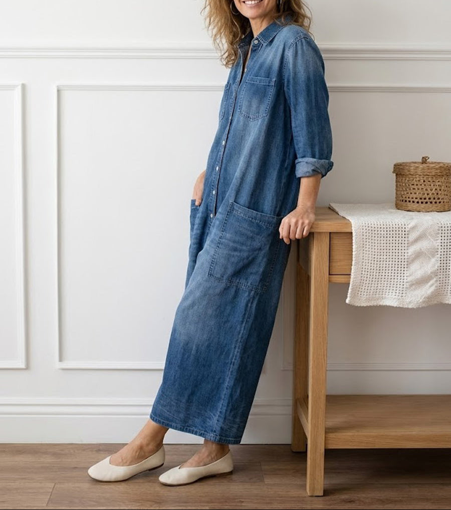 Long-Sleeve Cotton Denim Jumpsuit
