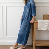 Long-Sleeve Cotton Denim Jumpsuit