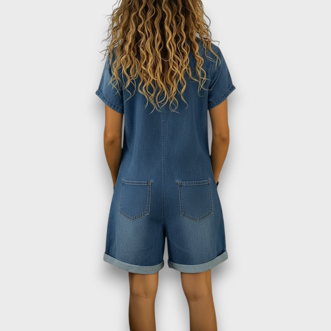 Buttoned Short-Sleeve Denim Playsuit