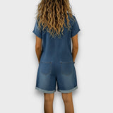 Buttoned Short-Sleeve Denim Playsuit