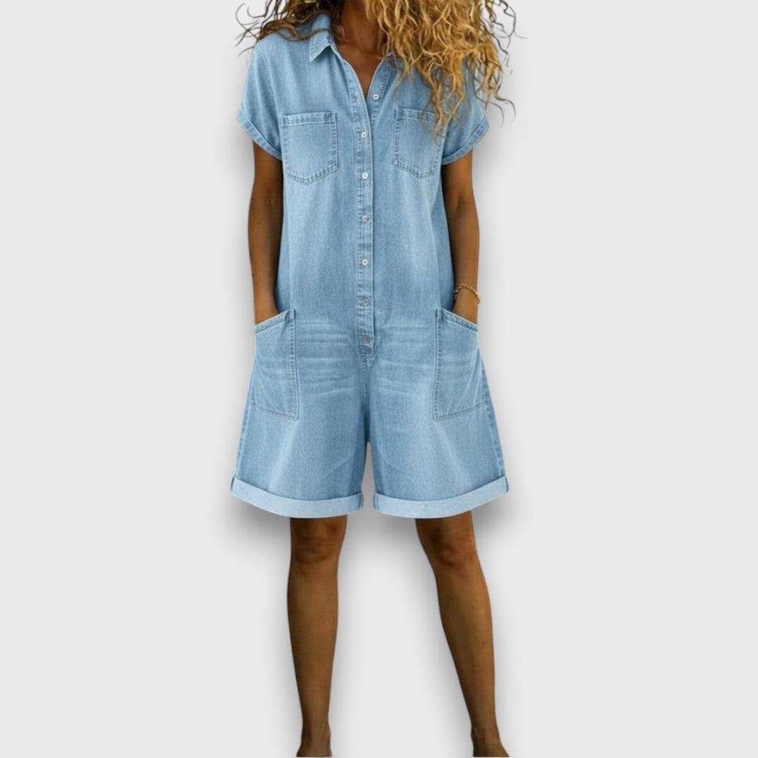 Buttoned Short-Sleeve Denim Playsuit Light Blue, studio photo