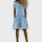 Buttoned Short-Sleeve Denim Playsuit