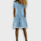 Buttoned Short-Sleeve Denim Playsuit