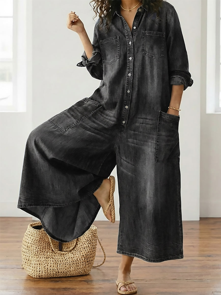 Long-Sleeve Cotton Denim Jumpsuit
