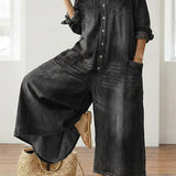 Long-Sleeve Cotton Denim Jumpsuit