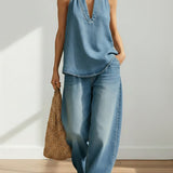 Denim Top and Wide-Leg Trousers Set