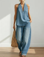 Denim Top and Wide-Leg Trousers Set