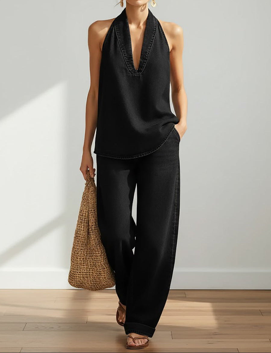 Denim Top and Wide-Leg Trousers Set Black, studio photo