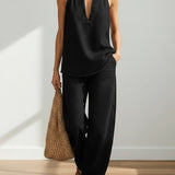 Denim Top and Wide-Leg Trousers Set