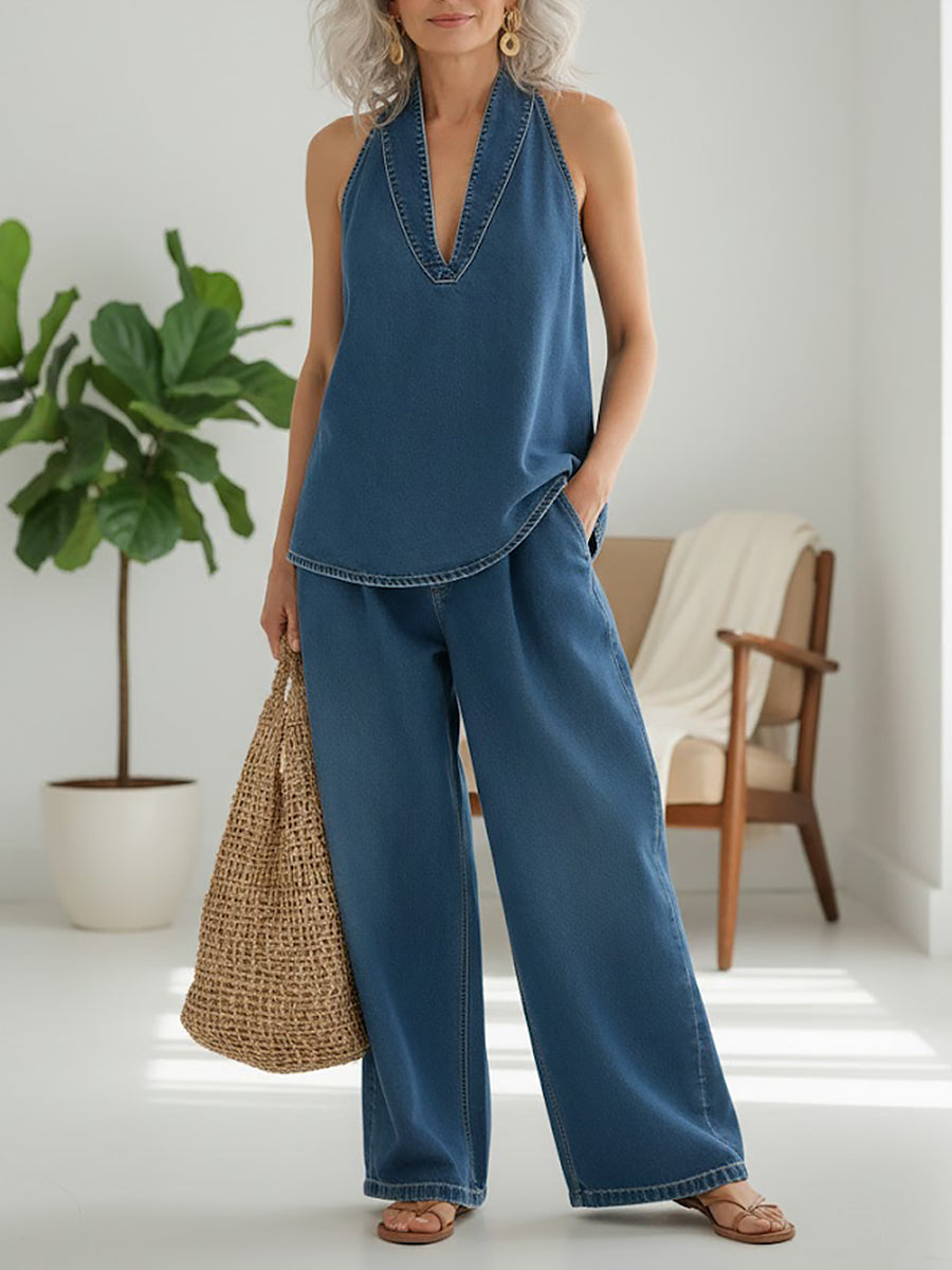 Denim Top and Wide-Leg Trousers Set
