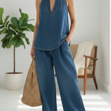 Denim Top and Wide-Leg Trousers Set