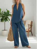 Denim Top and Wide-Leg Trousers Set