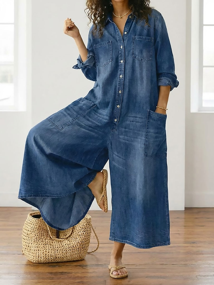 Long-Sleeve Cotton Denim Jumpsuit